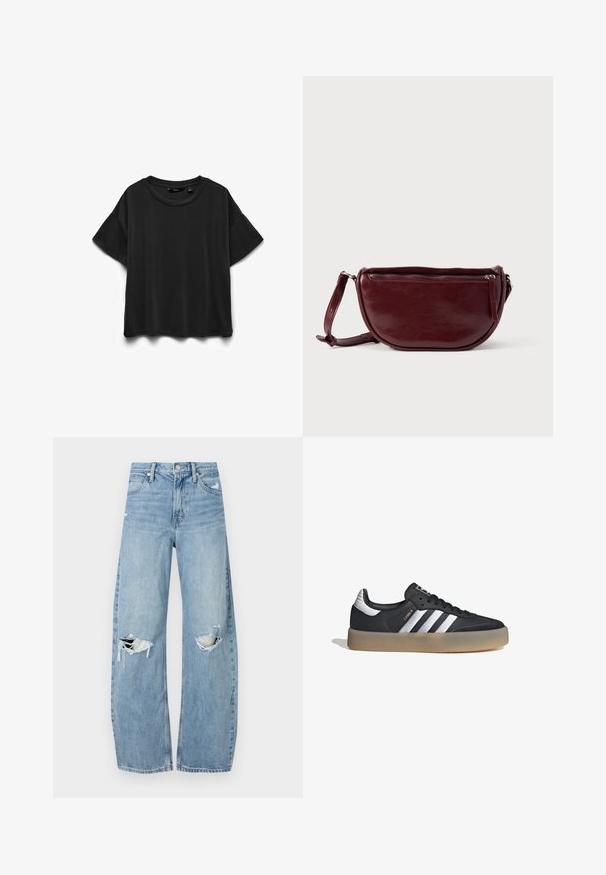 Sort kortærmet bomuld T-shirt med rund halsudskæring, vist fladt på hvid baggrund.; Lysblå, højtraljede jeans lavet af denim. Har brede ben, to huller ved knæene og klassisk fem-lommes stil.; Sort læder atletiksko med tre sølvstriber, en struktureret tå og en gummisål. Har en polstret krave og snørebåndsdesign.; Vinrød læderhåndtaske med halvmåneform, lynlås og aftagelig rem. Glat tekstur med en subtil glans.