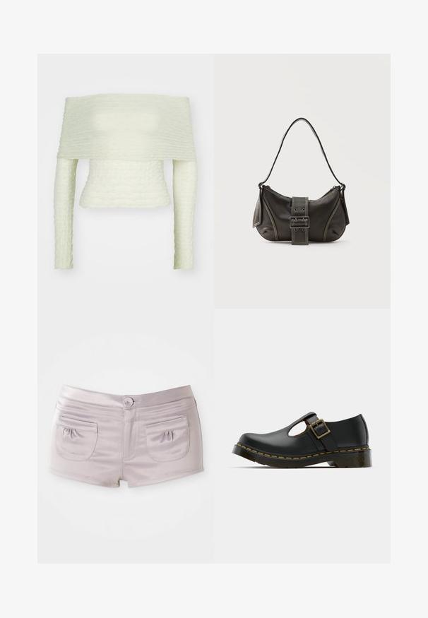 Haut décolleté en vert clair, mettant en avant un tissu froncé texturé, des manches longues et une coupe ajustée, créant une silhouette structurée.; Shorts violet clair en tissu lisse et brillant, avec deux poches à l'arrière et une fermeture à bouton à l'avant avec une taille plate.; Chaussure noire en cuir avec un bout arrondi, une sangle à la cheville et une boucle, un petit talon et des coutures jaunes le long de la semelle. Texture lisse sur toute la surface.; Sac à épaule en cuir noir avec une sangle à boucle, des bords arrondis et des coutures blanches contrastées sur un fond uni.