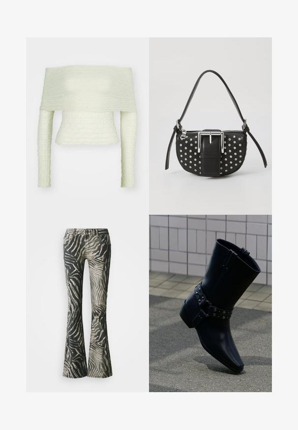Schulterfreies Oberteil in Hellgrün, das mit strukturiertem Rüschestoff, langen Ärmeln und einem taillierten Design überzeugt und eine definierte Silhouette schafft.; Schlagjeans im schwarz-beigen Zebra-Muster, aus Denim-Material, mit Fünf-Taschen-Design und sichtbaren Nahtdetails.; Schwarzer Leder-Stiefelette mit spitz zulaufender Zehenpartie, Schnallenriemen mit silberfarbenen Nieten und klobigem Absatz. Glatte Textur mit minimalistischem Design.; Schwarze Ledertasche mit einer geschwungenen Form, verziert mit silbernen Nieten und einer auffälligen silbernen Schnalle auf der Vorderseite. Verstellbarer Tragegurt enthalten.