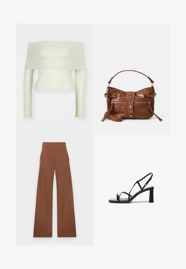 Off-shoulder top i lysegrøn, med tekstureret rynket stof, lange ærmer og en tætsiddende design, der skaber en struktureret silhuet.; Brune bukser med bred benvidde fremstillet af et glat, strækbart stof. De har en høj talje og sidelommer, designet til en afslappet pasform.; Sorte højhælede sandaler med firkantet tå, tynde justerbare stropper og en kraftig blokhæl. Glat lædertekstur med minimal detaljering.; Brun læderhåndtaske med en rund form, to frontlommer med lynlås og en aftagelig skulderrem. Udstyret med hardware og syninger i sølvfarve.