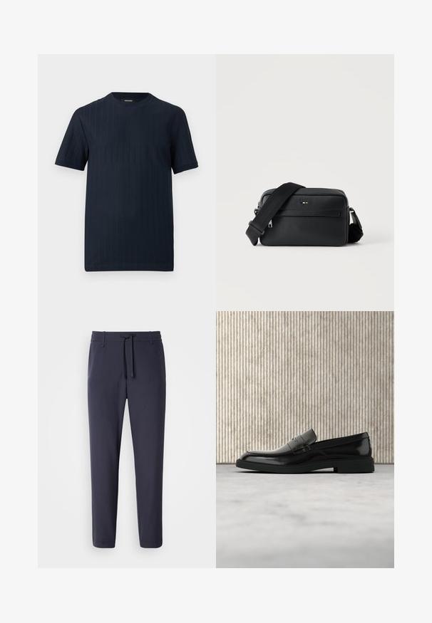 Camiseta azul marino de manga corta con cuello redondo y sutil textura acanalada vertical sobre un fondo liso.; Pantalones de chándal azul marino con cintura elástica y cordón. Hechos de un material suave, con piernas ajustadas y sin bolsillos visibles.; Zapato loafer de cuero negro pulido flotando sobre una alfombra beige con muebles translúcidos naranjas de fondo.; Bolso bandolera negro de cuero texturizado con bolsillo frontal con cremallera y correa de hombro ancha de tela ajustable sobre fondo blanco.