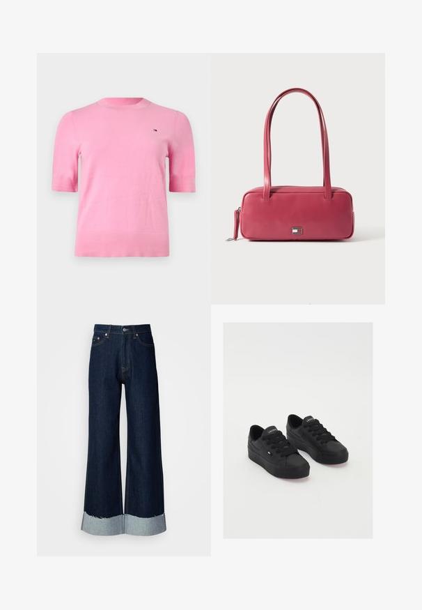 Rosa kurzärmliges Stricktop mit geripptem Rundhalsausschnitt, kleinem Flaggenlogo auf der Brust und dezenten Strickdetails an Ärmeln und Saum.; Weite, dunkle Jeans mit fransigem, hellen Denim-Saum. Verfügt über den klassischen Fünf-Taschen-Stil und metallische Hardware an der Taille.; Schwarze Low-Top-Sneaker aus glattem Material, mit dicken Schnürsenkeln, einer strukturierten Sohle und einem kleinen Logo an der Seite und auf der Zunge.; Rosa Ledertasche mit rechteckiger Form, zwei Griffen und einem kleinen Metallemblem auf der Vorderseite, mit einer glatten, glänzenden Oberfläche.