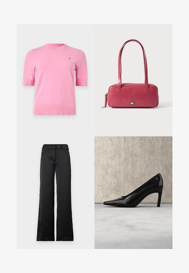Pink strikbluse med korte ærmer, ribbet rund halsudskæring, lille flaglogo på brystet og diskrete strikkede detaljer på ærmer og kant.; Sorte wide-leg bukser med en glat overflade, der har en talje og knaplukning. Simpelt design, velegnet til forskellige anledninger.; Sort højhælet sko med spids snude og gulddetalje med logo, placeret opret på en reflekterende overflade ved siden af en metal arkivorganisator.; Lyserød læderhåndtaske med rektangulær form, dobbelte håndtag og en lille metalemblem på fronten, med en glat, blank tekstur.
