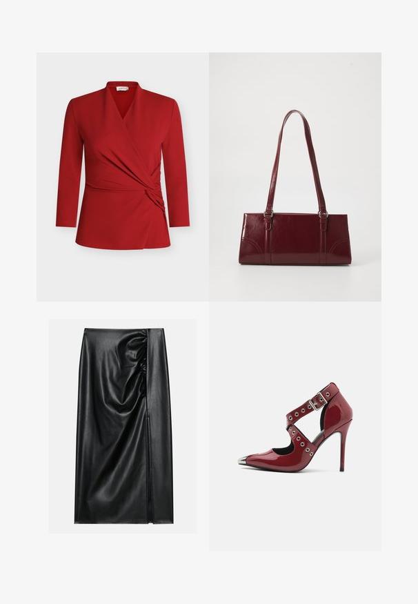Top rojo de manga larga con cruzado, que presenta un escote en V, detalle fruncido en el lateral y textura suave. Hecho de material ligero y elástico.; Falda de cuero negro con una textura suave, con una sección fruncida en un lado y una abertura lateral para añadir detalle.; Zapato de tacón alto de charol rojo con diseño cortado, ojales circulares plateados y punta afilada, que cuenta con un acento metálico en la punta.; Bolso burdeos hecho de material brillante, de forma rectangular, con dos asas para el hombro y sutiles acentos curvados en la parte frontal.