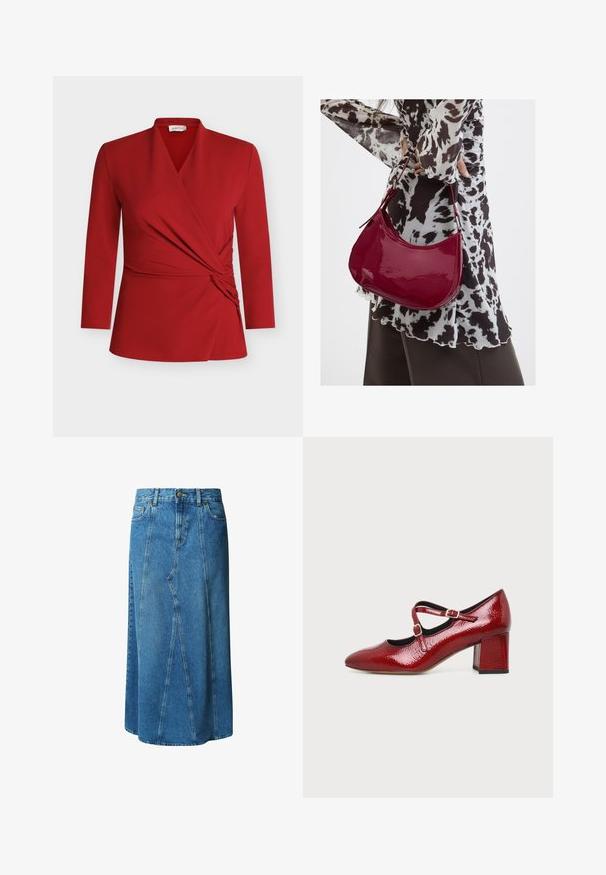 Rød, langærmet omslagstop med v-hals, rynket detalje i siden og glat tekstur. Fremstillet af let og elastisk materiale.; Lys blå denimnederdel i knælængde med en tætsiddende talje, knaplukning og frontlommer; har en paneleret design og rå kant.; Rød patentlæder Mary Jane-sko med to spænder og blokhæl på en ensfarvet lys baggrund.; Kvinde iført en sort- og hvidmønstret bluse, der holder en blank rød skuldertaske mod en ensfarvet baggrund.