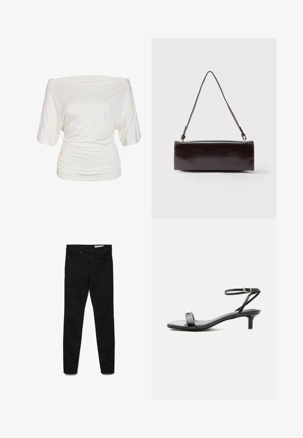 Hvid top med korte ærmer, bred bådudskæring og opsamlet stofdetalje ved taljen, vist på en ensfarvet baggrund.; Sorte skinny jeans lavet af denimstof, med klassisk design med fem lommer, lynlås og diskrete syningsdetaljer.; Sort læder sandal med åben tå, lav lillehæl, tynd ankelrem med guldlås og dekorativt gyldent accent på frontremmen.; Rektangulær sort læderhåndtaske med en enkelt lang rem og blank finish, vist mod en ensfarvet hvid baggrund.