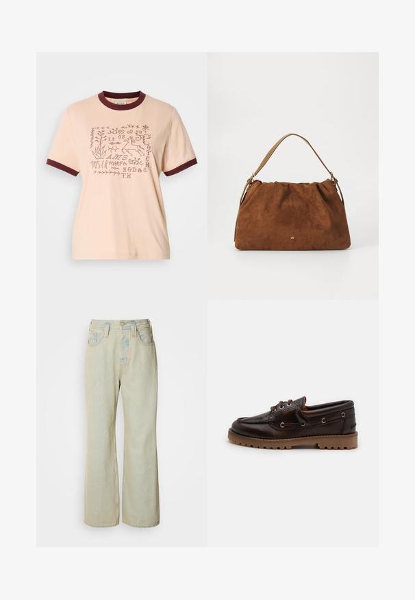 Lys ferskenfarvet bomulds T-shirt med bordeaux ribbet krave og ærmer. Har broderede motiver, herunder planter og en hest.; Lysblå, brede bukser i denim med høj talje, fem lommer og diskret falmning med kontraststikninger.; Brun læder bådsko med rund tå, to snørehuller og struktureret gummisål. Har syet detaljer og en kontrasterende tan sål.; Brun ruskind handbag med en samlet design, der har en enkelt tan læderstrop og en subtil guld logo detalje på fronten.