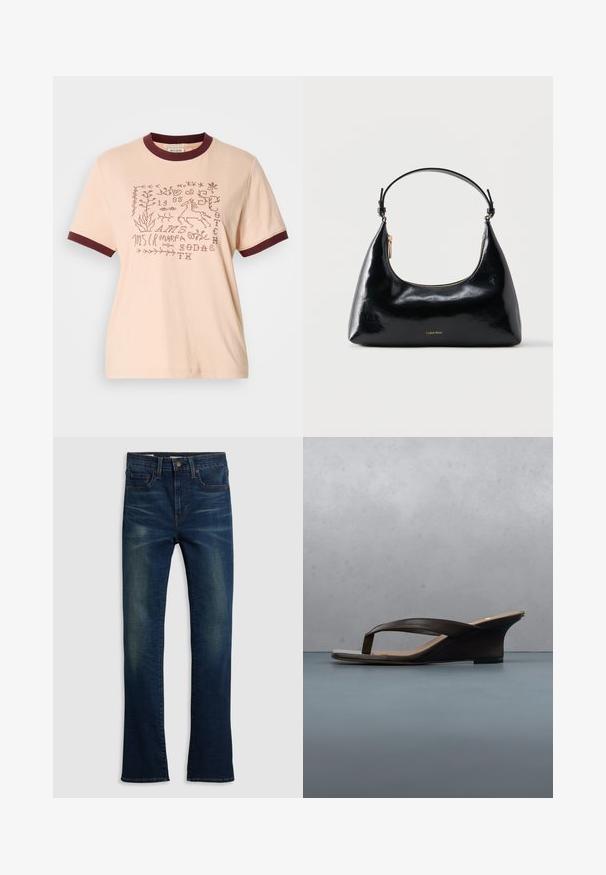 T-shirt en coton pêche pâle avec col et manches côtelés bordeaux. Présente des designs brodés incluant des plantes et un cheval.; Jean en denim bleu foncé avec une coupe droite, style cinq poches et un léger délavage à l'avant.; Sandale compensée noire avec brides en lanières posée sur une planche en bois et un sol en pierre en plein air près de plantes vertes et d'un mur en béton.; Sac à main Calvin Klein noir brillant avec fermeture éclair dorée et anse courte sur fond blanc uni.