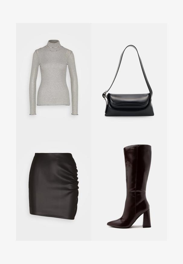 Anna Field by Zalando Μπλούζα με μακριά μανίκια - beige/black; Μαύρη μίνι φούστα από λείο συνθετικό υλικό, διαθέτοντας πτυχωτή λεπτομέρεια στη μία πλευρά και εφαρμοστό στυλ.; Ψηλή σκούρα καφέ δερμάτινη μπότα με μυτερό δάκτυλο και χοντρό τακούνι σε απλό φωτεινό φόντο.; Μαύρη δερμάτινη τσάντα χεριού με δομημένο σχήμα, απαλή υφή και έναν μόνο ιμάντα ώμου. Διαθέτει μια διακριτική, στρογγυλεμένη σχεδίαση καπακιού.