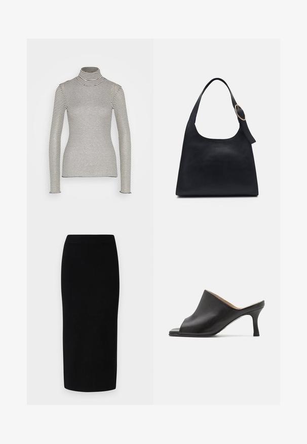 Anna Field by Zalando Langærmet T-shirt - beige/black; Sort strik-midi-nederdel med en tætsiddende silhuet, der har en bred elastisk talje og en glat tekstur, uden mærkbare mønstre eller accenter.; Selected ASHLEY - Mules med hæl - black; Sort læder tote taske med en glat overflade, rund form og en enkelt skulderrem med et cirkulært guld hardware-ornament.