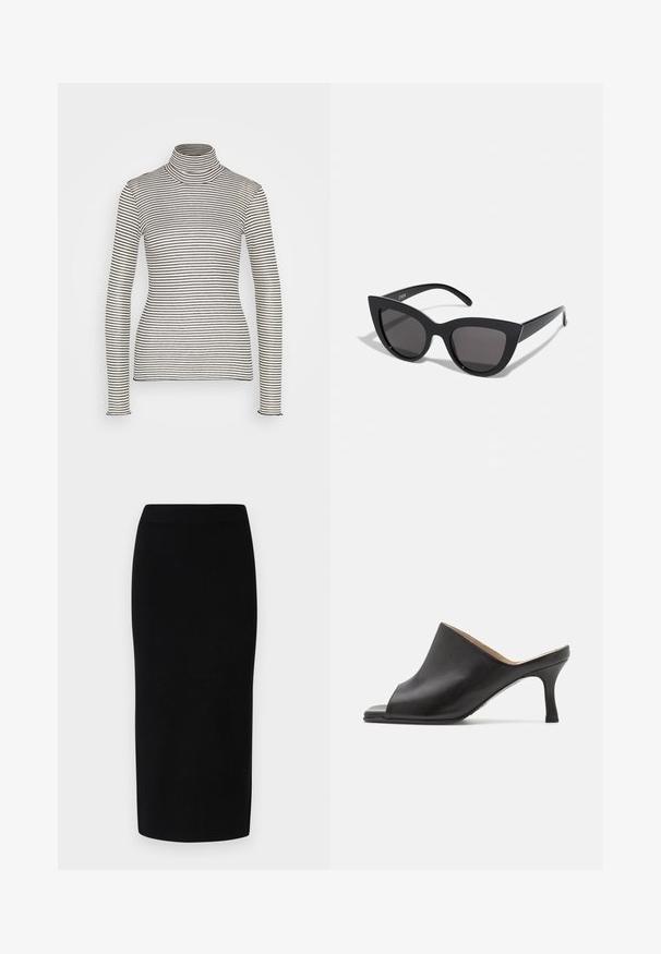 Anna Field by Zalando Langærmet T-shirt - beige/black; Sort strik-midi-nederdel med en tætsiddende silhuet, der har en bred elastisk talje og en glat tekstur, uden mærkbare mønstre eller accenter.; Selected ASHLEY - Mules med hæl - black; Sorte cat-eye solbriller med mat finish, der har grå tonede linser, skarpe vinkler og slanke sidearme. Mærkenavnet er synligt på den indre arm.