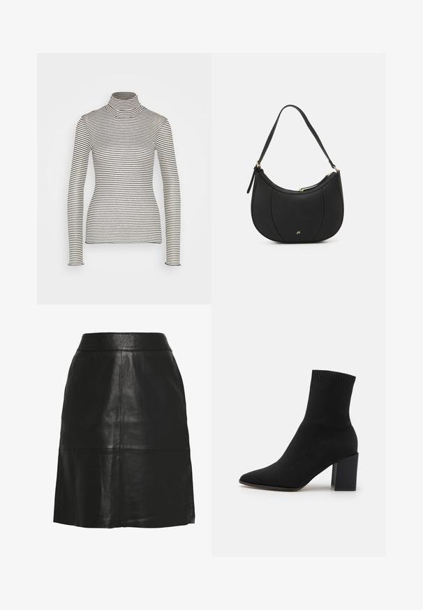 Anna Field T-shirt à manches longues - beige/black; Jupe trapèze en similicuir noir avec taille haute et coutures apparentes à l'avant et près de l'ourlet.; Bottines noires en tissu extensible, à bout pointu et talon carré, avec une bordure côtelée en haut.; Sac à main en cuir noir avec une forme courbée, surface texturée, coutures avant et un logo doré. Il est doté d'une seule sangle ajustable.