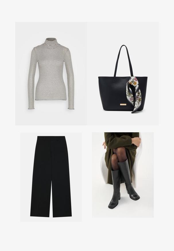 Anna Field Pikkade varrukatega topp - beige/black; Laiad mustad püksid, mis on valmistatud siledast kangast. Omavad tasast vööpinki koos vöölõngadega ja ilma nähtavate taskuteta. Lihtne disain.; Knee-high mustad nahast saapad nelinurkse varbaga ja plokilise kontsaga, esitatud mudeli kõrval, kes istub oliivirohelises mantlis. Sujuv tekstuur, minimaalne detailide arv.; Mustast nahast käekott kahe õlapaelaga, millel on käepidemele seotud lilleline siidist sall ja metalline logo aktsent ees.