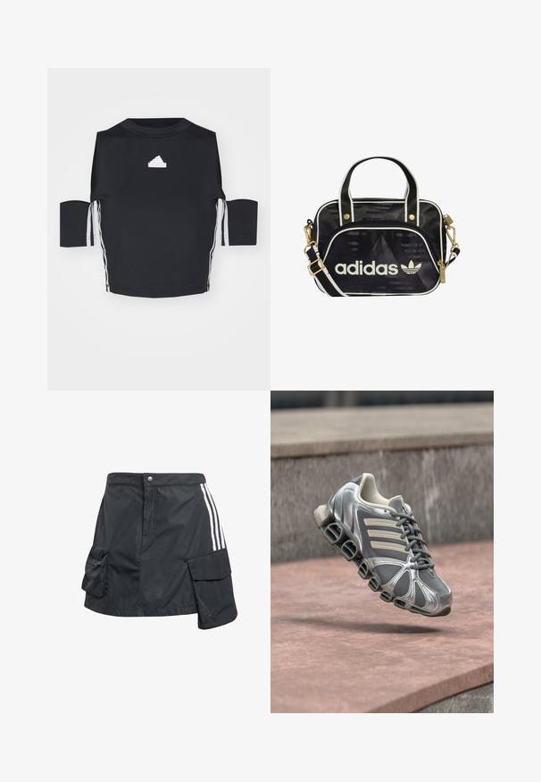 Čierne športové tričko s krátkym rukávom vyrobené z hladkej látky, na ktorom sa nachádza biele logo Adidas a tri biele pruhy na stranách.; Čierna, ľahká sukňa vyrobená z nylónu s predným zapínaním na gombíky, bočnými vreckami a bielymi prúžkami po stranách.; Sivá a strieborná športová obuv s jedinečnou pružinovou podrážkou vznášajúca sa nad ružovkastými betónovými schodmi.; Čierna taška Adidas so zlatými kovaniami, bielymi akcentmi, na zips, s textúrovaným vzorom, dvojitými rúčkami a odnímateľným ramenným popruhom.
