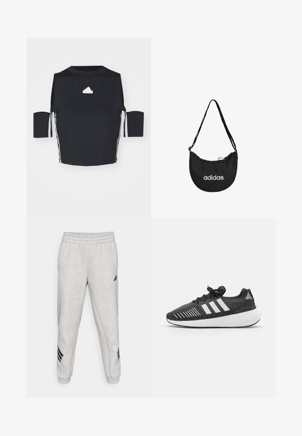 Čierne športové tričko s krátkym rukávom vyrobené z hladkej látky, na ktorom sa nachádza biele logo Adidas a tri biele pruhy na stranách.; Svetlo sivé tepláky s rebrovaným elastickým pásom, zúženými nohavicami a tromi čiernymi diagonálnymi pruhmi blízko koncov nohavíc. Hladká textúra.; Čierne športové topánky s textúrovaným zvrškom, bielym trojprúžkovým dizajnom, gumovou podrážkou a kontrastnými bielymi akcentmi na päte.; Čierna látková taška na rameno s polkruhovým tvarom, s uzáverom na zips, nastaviteľným popruhom a bielym logom Adidas na prednej strane.