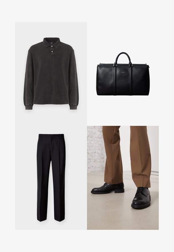 Camisa polo de manga larga en tejido gris oscuro, con un cuello clásico, tapeta de tres botones y puños acanalados. Textura suave con un diseño minimalista.; Pantalones negros hechos a medida con corte recto, pinzas delanteras y bolsillos laterales. Elaborados con una tela suave y ligera con un patrón sólido.; Zapatos de cuero negro con superficie lisa y puntera redonda, que presentan cierre con cordones y una suela baja y plana. Combinados con pantalones marrones.; Bolsa de cuero negro tipo duffel con dos asas, logo sutil de Calvin Klein en el centro y detalles en hardware de tono plateado.