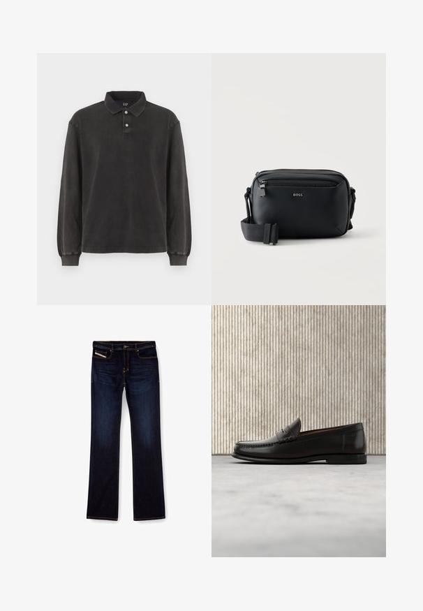 Camisa polo de manga larga en tejido gris oscuro, con un cuello clásico, tapeta de tres botones y puños acanalados. Textura suave con un diseño minimalista.; Jeans de mezclilla de color azul oscuro con corte recto, con costuras naranjas, cremallera en la bragueta y bolsillos delanteros. Textura suave y cinturilla estándar.; Mocasín penny de cuero negro con tacón bajo, punta redondeada y detalles cosidos en la parte delantera y los laterales, mostrado sobre un fondo neutro.; Bolso bandolera de cuero negro con bolsillo delantero con cremallera y correa de tela ajustable, con logo "BOSS" en la parte frontal.