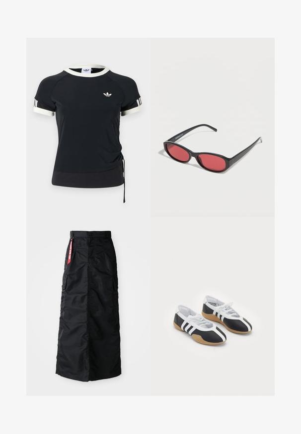 Zwart atletisch topje met witte kraag en mouwen, voorzien van een logo op de borst en een zijdelings aantrekkoord voor een verstelbare pasvorm.; Zwarte lange rok met een voorkant met knopen en rits, zij cargo zakken en een rode 'Remove Before Flight' stoffen label op de tailleband.; Zwart-witte sport schoenen met een slank ontwerp, rubberen zool, vetersluiting en drie witte strepen aan de zijkanten.; Zwarte ovale zonnebril met slanke pootjes en rood getinte glazen, rustend op een witte ondergrond.