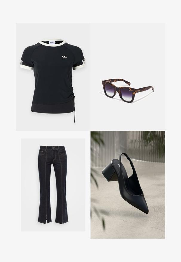 Top deportivo negro con cuello y mangas blancas, con un logo en el pecho y un cordón lateral para ajuste ajustable.; Jeans acampanados de mezclilla azul oscuro con bolsillos frontales, costuras visibles y dobladillos divididos en la parte inferior, que cuentan con una cinturilla clásica y un botón de metal.; Zapato de tacón slingback de cuero negro con punta afilada y tacón cuadrado. Textura suave, diseño minimalista y correa ajustable en el tobillo.; Gafas de sol de carey con montura gruesa, lentes degradados y acentos en dorado en las patillas. Forma cuadrada y textura brillante.