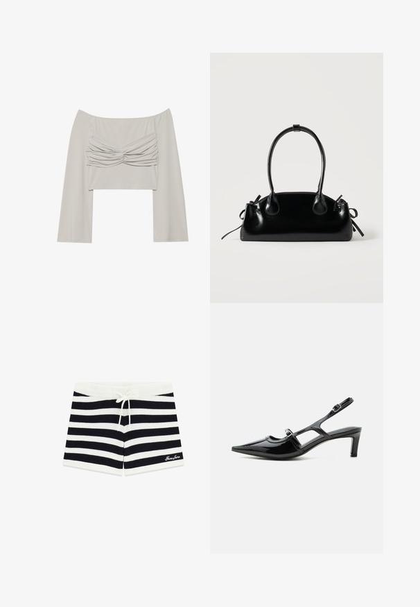 Top sans épaules de couleur gris clair, avec un détail froncé à l'avant, des manches longues et fabriqué dans un tissu lisse et extensible.; Guess Jeans GESTREIFTES - Short - mehrfarbig schwarz; Chaussure slingback en cuir verni noir à bout pointu, petit talon et deux brides réglables avec boucles, vue de profil latéral.; Petit sac à main noir brillant avec deux longues anses et des détails à cordon sur les côtés sur un fond clair uni.