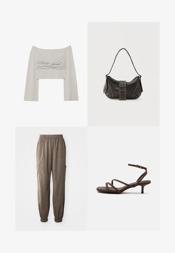 Off-shoulder top i lysegrå, med rynket frontdetalje, lange ærmer og lavet af et glat, strækbart stof.; Løs pasform cargo bukser i brunt stof, med elastisktalje, samlet manchetter og sidelommer for funktionalitet.; Brun højhælet sandal med tynde krydsede stropper og en ankelrem med en sølvspænde på en hvid baggrund.; Sort læder skuldertaske med spænde på remmen, afrundede kanter og kontrasterende hvide syninger på en ensfarvet baggrund.