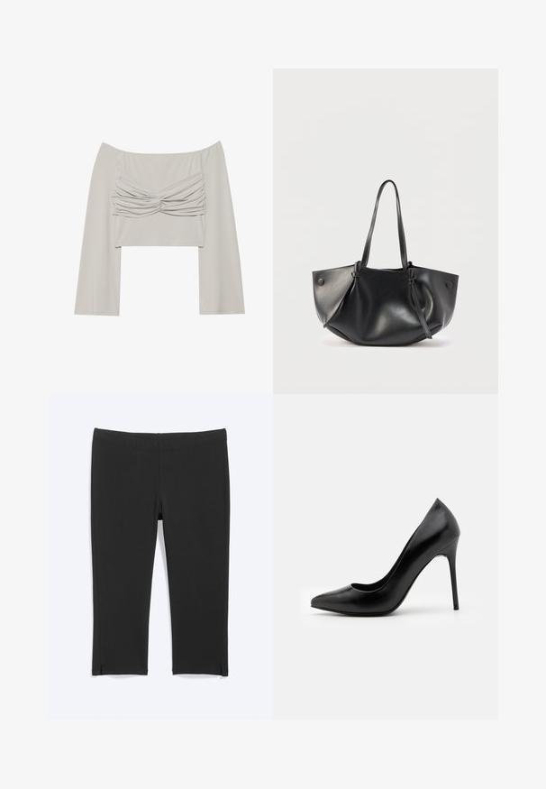 Top sans épaules de couleur gris clair, avec un détail froncé à l'avant, des manches longues et fabriqué dans un tissu lisse et extensible.; Leggings courts noirs avec petites fentes latérales à l'ourlet, en tissu extensible lisse, présentés à plat sur fond blanc.; Escarpin noir en cuir avec un bout pointu et une texture lisse. Dispose d'un talon aiguille fin et d'un décolleté bas.; Sac à bandoulière en cuir noir avec deux longues anses, une forme arrondie et souple, et des détails à boutons de chaque côté.