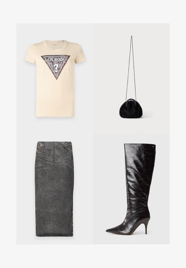 Cremfarbener T-Shirt mit einem schwarz-silbernen dreieckigen Logo, das in der Mitte mit einem Fragezeichen-Detail bedruckt ist. Aus weichem Baumwollmaterial.; Grauer Denim-Midi-Rock mit vertikalen Nadelstreifen, hoher Taillenbund, Fünf-Taschen-Design und einem sauberen Saum.; Hohe schwarze Lederstiefel mit Absatz, spitzer Zehenform und leichten Falten am Schaft, seitlich auf einem weißen Hintergrund dargestellt.; Kleine schwarze Handtasche aus Kunstfell mit geflochtenen oberen Griffen und langem dünnem Schulterriemen auf einfarbigem Hintergrund.