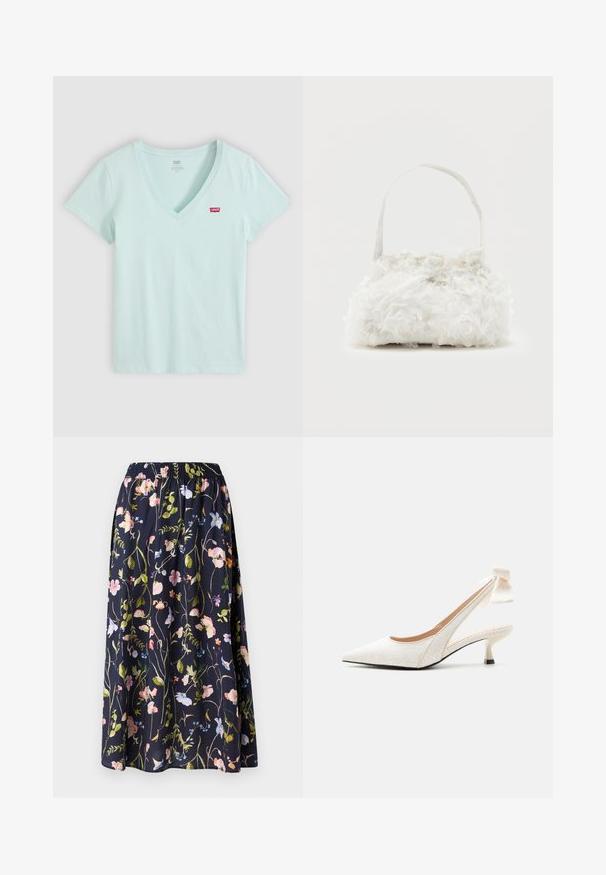 Hellblaues T-Shirt mit kurzen Ärmeln und V-Ausschnitt, kleines rotes Levi's-Logo auf der linken Brust, flach auf weißem Hintergrund liegend.; Marineblauer Blumenkleid mit elastischem Taillenbund, ausgestattet mit einem Druck aus rosa, blauen und grünen Blumen auf einem strukturierten Stoff.; Weißer spitzer Slingback-Kitten-Heel-Schuh mit strukturiertem Stoff und Schleifendetail am Knöchelriemen.; Kleine weiße Handtasche mit Stoffrosen, die den Körper bedecken, und einem dünnen Einzelriemen vor einfachem Hintergrund.