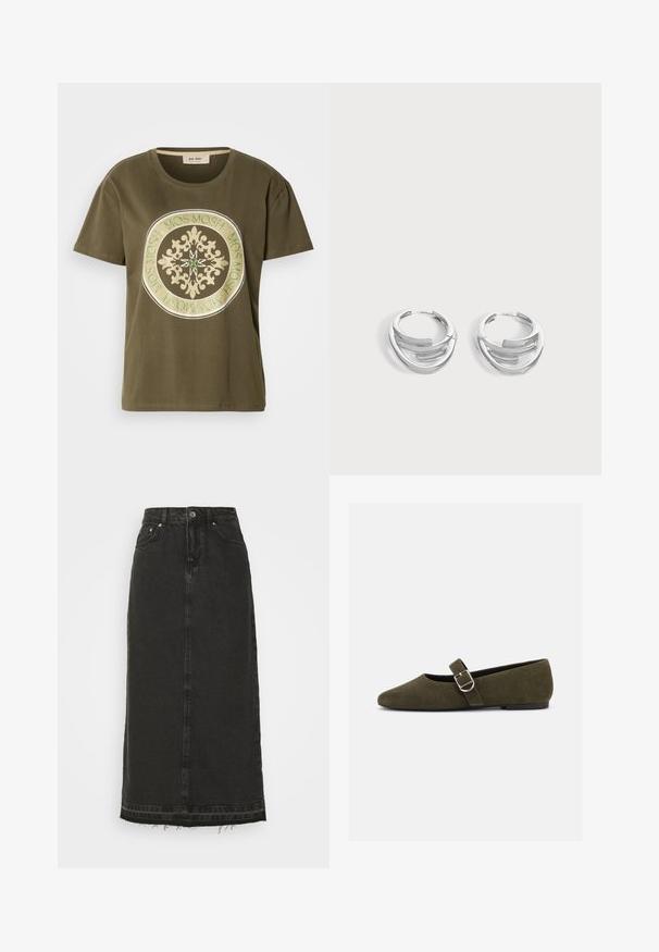 Olivenfarbener Baumwoll-T-Shirt mit einer runden dekorativen Stickerei in Gold und Grün, die den Text "MOS MOSH" am Rand umgibt. Rundhalsausschnitt.; Schwarzer Denim-Midirock mit tailliertem Bund, vorderem Knopfverschluss und ausgefranstem Saum. Verfügt über ein klassisches Fünf-Taschen-Design und eine leichte Textur.; Olivgrüner Wildleder-Mary-Jane-Flachschuh mit silberner Schnalle und abgerundetem Zehenbereich, auf weißem Hintergrund dargestellt.; Paar polierte silberne Creolen mit geschichtetem, gebogenem Stabdesign auf einem einfarbigen hellen Hintergrund.