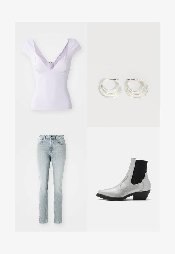 Top lilas à manches courtes avec un décolleté en V profond, un design ajusté, une texture lisse et une étiquette discrète près de l'encolure.; Jeans en denim bleu clair avec une coupe droite, taille haute, poches avant et finition délavée. Dotés de passants de ceinture et d'une fermeture à bouton.; ONLY SHOES by Zalando ONLBRONCO SHORT - Bottines de cowboy / motard - silver; Boucles d'oreilles créoles en argent avec trois bandes semi-circulaires superposées, dont une ornée de petits cristaux clairs sur un fond clair.