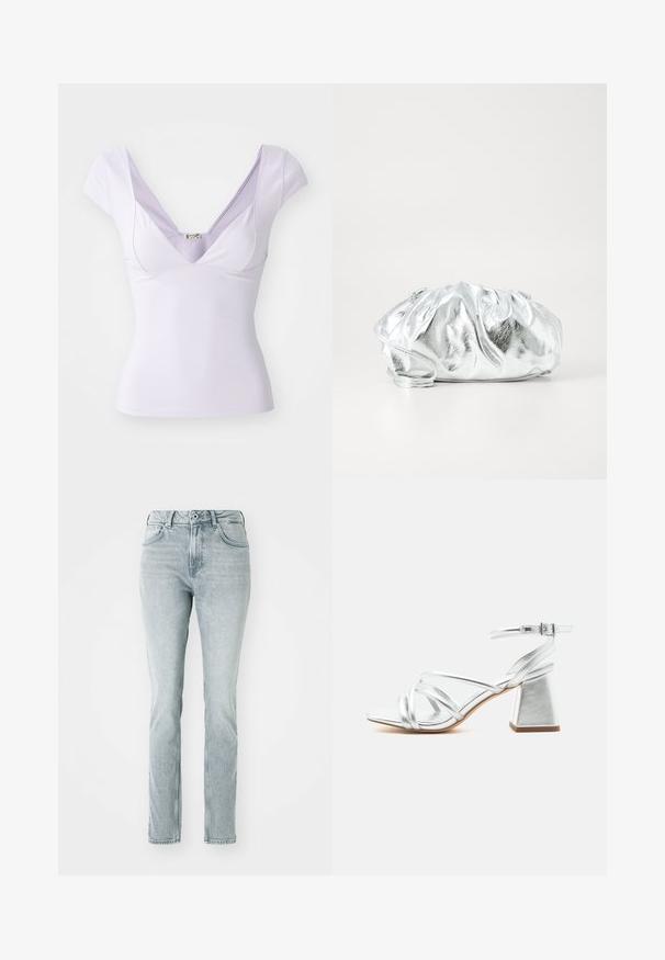 Top lilas à manches courtes avec un décolleté en V profond, un design ajusté, une texture lisse et une étiquette discrète près de l'encolure.; Jeans en denim bleu clair avec une coupe droite, taille haute, poches avant et finition délavée. Dotés de passants de ceinture et d'une fermeture à bouton.; Sandale argentée à brides avec talon bloc et bride à boucle à la cheville, bout ouvert et semelle lisse sur fond blanc uni.; Pochette argent métallique avec un corps doux et froncé et une fine bandoulière. Présente une texture lisse et brillante ainsi qu'une forme arrondie.