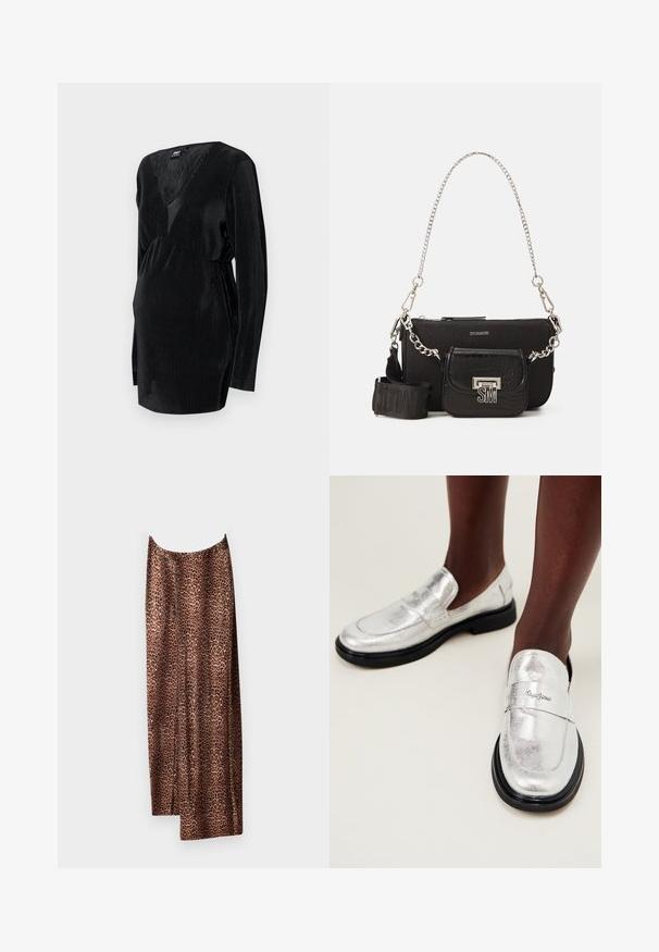 Musthave, mustaega rihmedega must top, mis on pikkade varrukatega, sügava V-kujulise kaelusega ja kogutud vöökoht, tagades mugava istuvuse.; Pruunides toonides leopardi triibuline pikk seelik, valmistatud siledast kangast, voolava disainiga. Varustatud küljetõmblukkudega liikumisvabaduse tagamiseks.; Hõbedased metallik loafersid siledat viimistlust, must kummitald ja dekoratiivne rihm, millele on graveeritud brändinimi.; Must must mustaga must raalselt pinnaga, millel on hõbedane keti rihm, eemaldatav väike kott ja reljeefne detail.
