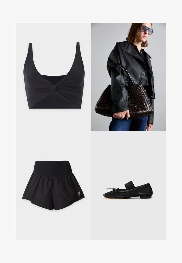 Čierny crop top so širokými ramennými popruhmi a detailom skrúteného uzla v strede vpredu, zobrazený na bielom pozadí.; Čierne športové šortky so širokým, rebrovaným elastickým pásom a malým reflexným logom v pravom dolnom rohu.; Čierna plochá obuv s špicatou špičkou, vyrobená z texturovanej látky, s ozdobou v tvare mašle a malým, okrúhlym opätkom. Elastický popruh okolo členka.; DRAGON DIFFUSION SANTA CROCE BIG - Kabelka - dark brown