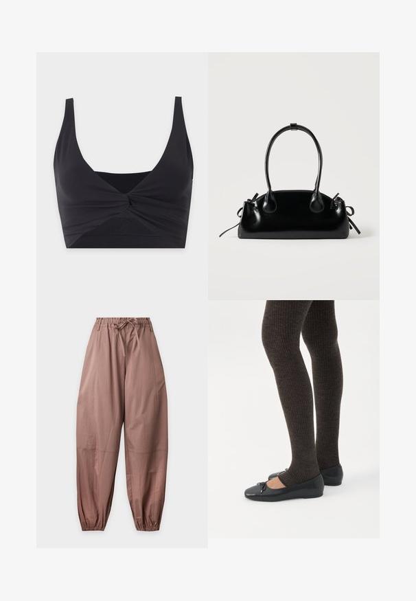 Top court noir avec larges bretelles et un détail de nœud torsadé au centre devant, présenté sur fond blanc.; Pantalon marron ample avec taille élastique et bas de jambes resserrés, avec un cordon à la taille.; Jambes portant des leggings côtelés foncés associés à des ballerines noires avec de petits détails en nœud sur fond blanc.; Petit sac à main noir brillant avec deux longues anses et des détails à cordon sur les côtés sur un fond clair uni.
