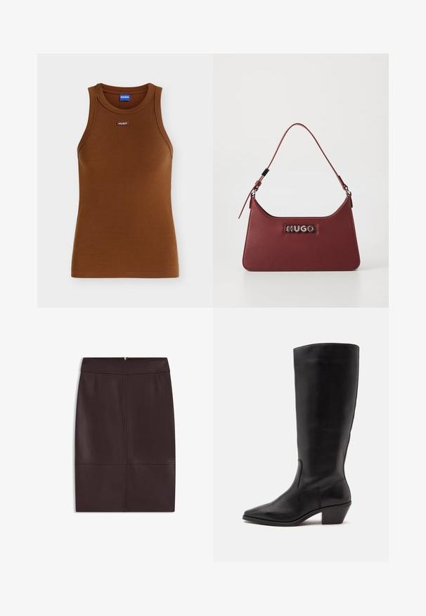 Débardeur marron côtelé sans manches avec encolure ronde et petit patch logo HUGO au centre devant sous le col.; Jupe crayon en cuir bordeaux avec une texture lisse, dotée de plis avant et d'une fermeture éclair dissimulée à l'arrière.; Botte en cuir noire mi-mollet avec un bout pointu et un talon bas incliné sur un fond clair uni.; Petit sac à main rectangulaire en cuir bordeaux avec une bandoulière ajustable et une plaque logo « HUGO » en argent à l'avant.