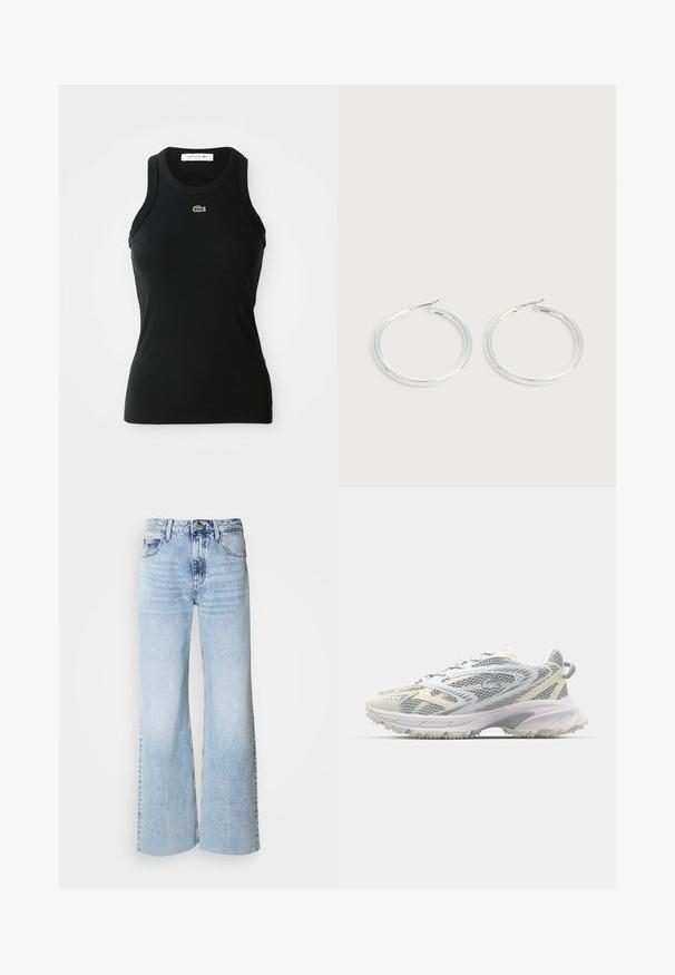 Schwarzes ärmelloses, geripptes Tank-Top mit Rundhalsausschnitt und kleinem grünen Lacoste-Krokodil-Logo, das unter dem Ausschnitt zentriert ist.; Helle blaue, weite Jeans mit verblasster Denim-Textur, hoher Taille und klassischem Fünf-Taschen-Design. Mit Knopf- und Reißverschluss.; Mesh-Sportschuh in Grau und Creme, mit strukturiertem Obermaterial, verstärkter Spitze und einer hellen, robusten Laufsohle für besseren Halt.; Paar glänzende silberne Creolen mit dünnen Drahtverschlüssen, dargestellt vor einem hellgrauen Hintergrund.