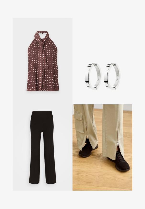 Braunes ärmelloses Neckholder-Top mit weißen Polka-Dots und einer geknoteten Bindung am Hals, auf einfarbigem Hintergrund dargestellt.; Schwarze, weite Hose aus glattem Stoff mit einem anliegenden hohen Bund und ohne sichtbare Hardware oder Muster.; Beige weite Hosen mit Reißverschlüssen an den Knöcheln, kombiniert mit schwarzen Sportschuhen mit strukturiertem Obermaterial und gepolsterter Sohle.; Ein Paar polierte silberne Creolen mit Scharnierverschluss, innen mit dem Markennamen „PILGRIM“ graviert.