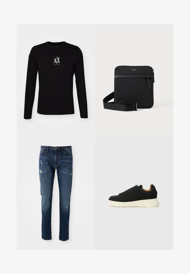 Schwarzes Langarm-T-Shirt aus Baumwolle mit Rundhalsausschnitt. Mit weißem Logo "A|X" mittig auf der Brust. Einfaches Design, minimale Akzente.; Dunkelblaue Jeans aus Denim mit slim fit, leichten Abnutzungen an den Oberschenkeln und Knien, klassischem Fünf-Taschen-Design und Knopfverschluss.; Schwarze Wildledersneaker mit einer klobigen weißen Sohle, runder Spitze und tonalen Schnürsenkeln. Verfügt über ein Lederinnenfutter und dezentes Branding auf der Zunge.; Schwarze quadratische Schultertasche mit Reißverschluss, Vordertasche und verstellbarem Riemen mit eingeprägtem Markennamen.
