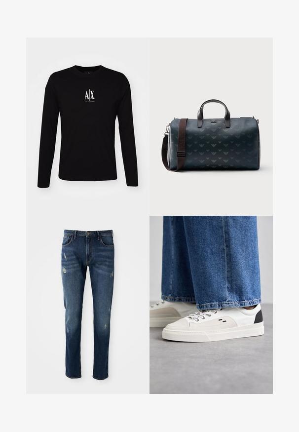 Langærmet sort T-shirt lavet af bomuld med rund halsudskæring. Har et hvidt logo "A|X" centreret på brystet. Enkel design, minimale accenter.; Mørkeblå denimjeans med slim fit, let slid på lår og knæ, klassisk fem-lomme design og knaplukning.; Hvide og sorte sneakers med en glat læderoverdel, teksturerede detaljer og en kraftig hvid sål. Har et klassisk snørebåndsdesign.; Mørkeblå cylindrisk duffelbag med sorte håndtag og en brun justerbar skulderrem med subtile gentagne logoer.