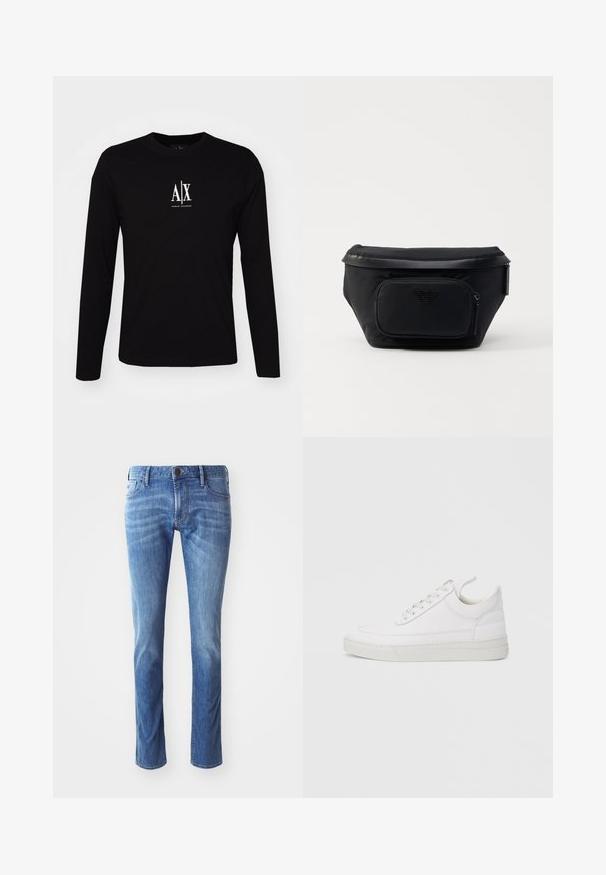 Langærmet sort T-shirt lavet af bomuld med rund halsudskæring. Har et hvidt logo "A|X" centreret på brystet. Enkel design, minimale accenter.; Lysblå denim jeans med lige ben-design, der har traditionelle fem-lomme detaljer og diskret falmning mod knæene.; Hvid lædersneaker med rundet tå, flad sål og snørebånd foran. Har syningsdetaljer og polstret krave for komfort.; Sort nylon taske med en frontlomme med lynlås, der har en glat overflade og et logo som accent. Struktureret design med fold-over top.
