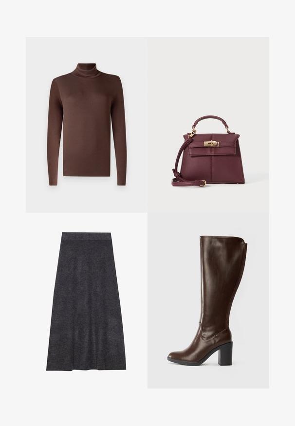 Haut à manches longues couleur marron, en turtleneck, fabriqué dans un tissu lisse et extensible. Présente un col montant et une coupe ajustée, avec un ourlet net.; Jupe en maille gris foncé, longueur genou, avec une texture lisse et une ceinture. Silhouette en A avec un ourlet uniforme, conçue pour le confort et la polyvalence.; Botte en cuir marron foncé, arrivant jusqu'au genou, avec un bout arrondi et un talon bloc, au fini lisse et avec un panneau élastique à l'arrière.; Sac à main en cuir bordeaux avec une forme structurée, une bandoulière amovible, une poignée supérieure, des détails en doré et une fermeture à clasp à l'avant.