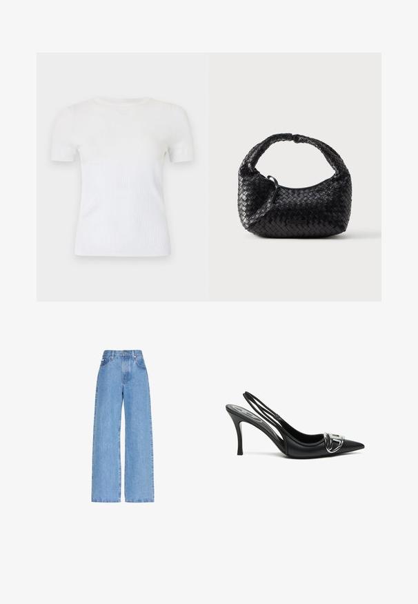 Camiseta blanca de manga corta confeccionada con tejido de punto acanalado. Presenta un escote redondo y una silueta ajustada. Textura suave en toda la prenda.; Vaqueros de denim azul claro de talle alto con piernas anchas, bolsillos delanteros, trabillas para cinturón y cierre de botón.; Zapatos de tacón alto de charol negros con tira trasera y punta afilada, que presentan un detalle de hebilla plateada brillante y un tacón delgado. Textura de cuero suave, diseño minimalista.; Bolso tejido negro con forma redondeada, acabado texturizado y asa curvada. Cuenta con un sutil detalle de logo en el frente.