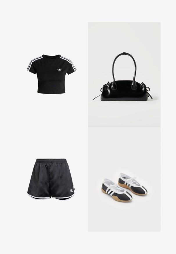 Zwart cropped t-shirt met witte drievoudige strepen op de schouders en Adidas trefoil-logo op de linkerborst.; Zwarte sportshorts van glad synthetisch materiaal, met witte zijaccenten en een geborduurd logo op de linkerbenedenhoek.; Zwart-witte sport schoenen met een slank ontwerp, rubberen zool, vetersluiting en drie witte strepen aan de zijkanten.; Kleine zwarte glanzende handtas met twee lange hengsels en zijkant trekkoord details op een effen lichte achtergrond.