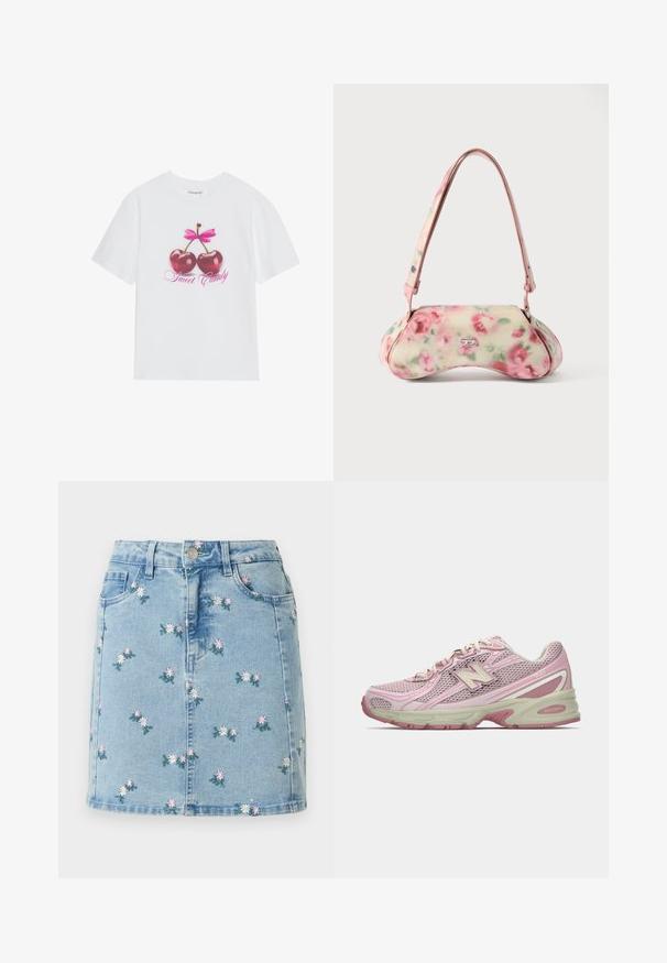 Hvid bomulds t-shirt med et grafisk design af to glinsende røde kirsebær med en pink sløjfe ovenfor og teksten "Sweet Candy" i pink.; Lyseblå denim nederdel med broderede små lyserøde og hvide blomster, forlommer, bæltestropper og lukning med knapper.; Rosa og beige New Balance 740 sneakers med mesh og syntetisk overdel, snørrelukning og polstret sål vist i sideprofil.; Håndtaske med blomstermønster og buet form, primært cremefarvet med pink roser, med en pink rem og en sølvfarvet logo-detalje. Glat tekstur.