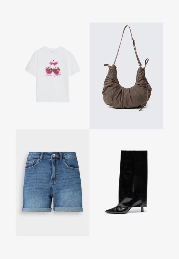 Witte katoenen t-shirt met een grafisch ontwerp van twee glanzende rode kersen met een roze strik erboven en de tekst "Sweet Candy" in het roze.; Blauwe denimshorts met omgeslagen zomen, vooraan knoop- en ritssluiting, taillebandlussen en voor- en muntzakken.; Zwarte leren enkelboot met puntschoen en blokhak, met een hoge, glanzende schacht en een gestructureerde afwerking op het onderste gedeelte.; Bruine suède schoudertas met geplooide details, verstelbare band en decoratieve zijstrikken, getoond tegen een neutrale achtergrond.
