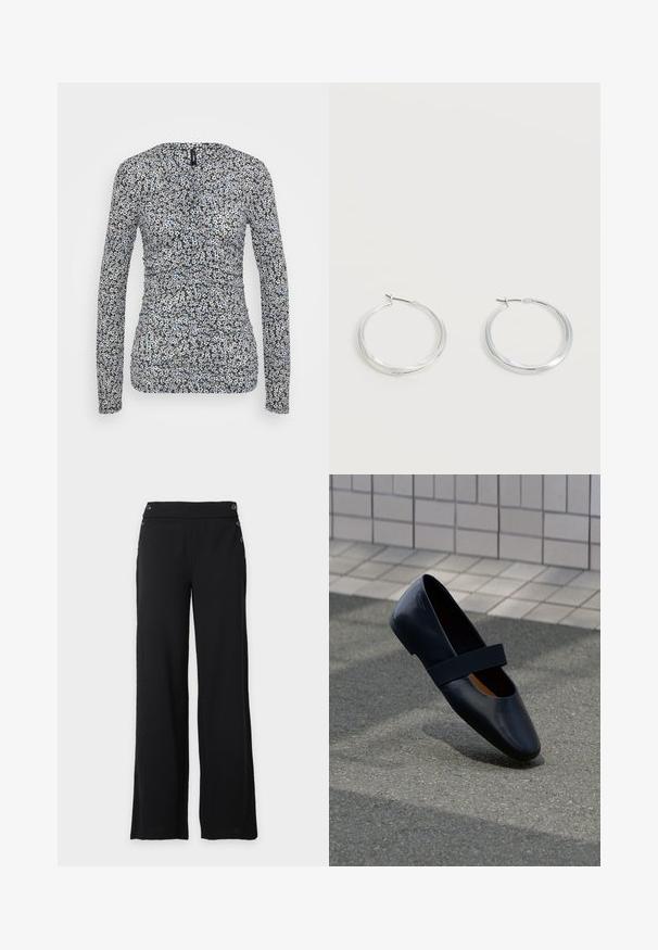 ONLY Tall ONLPELLA RUCHING - Langarmshirt - black; Schwarze, weit geschnittene Hose mit hohem Bund und dekorativen Knöpfen vorne und an den Seiten.; Schwarze Leder-Ballerina mit runder Zehenpartie, ausgestattet mit einem weichen schwarzen Elastikband über dem Vorderfuß. Glatte Textur und minimalistisches Design.; Silberne Metallcreolen mit glatter, leicht gebogener Oberfläche und Klappverschluss vor schlicht weißem Hintergrund.