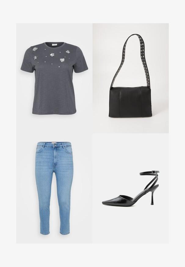 Grå bomulds T-shirt med korte ærmer, prydet med metallic blomsterapplikationer og palietter arrangeret på forsiden. Blød tekstur, afslappet pasform.; Lyseblå højtaljede skinny jeans med knap- og lynlås-lukning, for- og baglommer, samt ankellængde.; Sort spids højhælet sko med tynde ankelremme og sølvspænde på en ensfarvet lys baggrund.; Sort læderhåndtaske med rektangulær form, udstyret med lynlås lukning og en polkaprikket rem. Glat tekstur, minimalt syning.