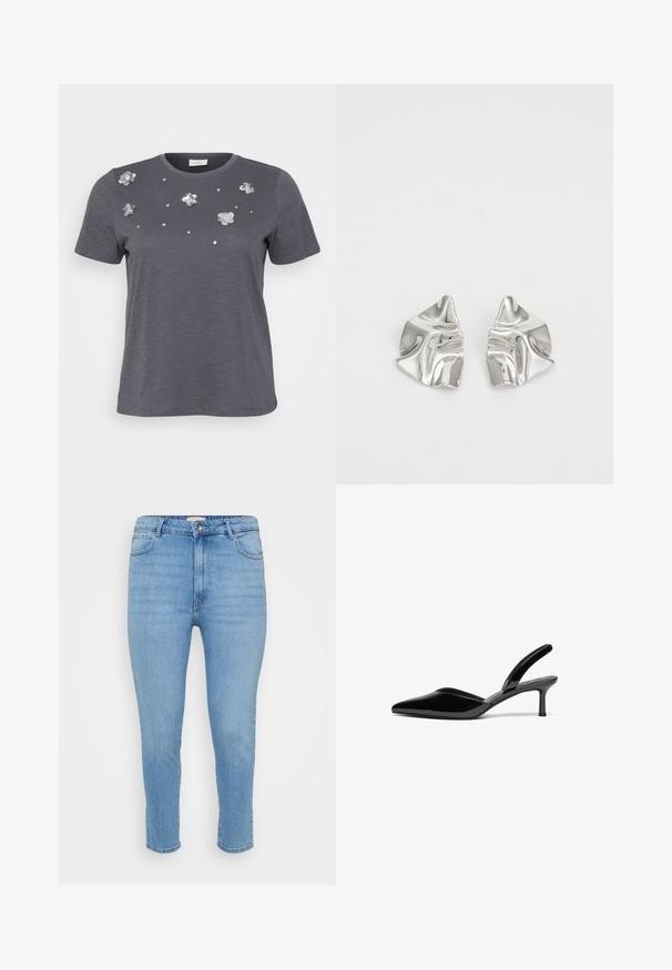 Grå bomulds T-shirt med korte ærmer, prydet med metallic blomsterapplikationer og palietter arrangeret på forsiden. Blød tekstur, afslappet pasform.; Lyseblå højtaljede skinny jeans med knap- og lynlås-lukning, for- og baglommer, samt ankellængde.; Sorte patentlæder slingback hæle med spids tå, lav stiletto hæl og et elegant, enkelt design uden pynt.; Sølvmetal øreringe med et bølgende, skulpturelt design, der har en poleret overflade og uregelmæssige former, hvilket fremhæver en moderne æstetik.