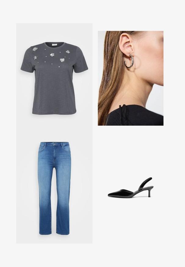 Grå bomulds T-shirt med korte ærmer, prydet med metallic blomsterapplikationer og palietter arrangeret på forsiden. Blød tekstur, afslappet pasform.; Lysblå denimjeans med lige snit, fem-lomme design og en slidt effekt ved kanten. Knaplukning i taljen.; Sorte patentlæder slingback hæle med spids tå, lav stiletto hæl og et elegant, enkelt design uden pynt.; Sølv hoop ørestik med en poleret overflade, prydet med små guld accenter og en rund form, båret på øreflippen.