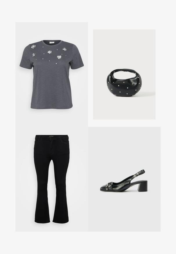 Grijze katoenen t-shirt met korte mouwen, met metalen bloemenappliqués en pailletten die op de voorkant zijn aangebracht. Zachte structuur, comfortabele pasvorm.; Zwarte flairjeans van denim, met een knoopsluiting, vijf zakken en een gladde textuur. Klassiek ontwerp met een flared zoom.; Zwart leren slingback hak met een spitse neus, eenTextuur strap met cirkelvormige metalen accenten en een gestapelde blokhak.; Zwarte leren handtas met een afgeronde vorm, versierd met zilveren studs, en een korte handgreep. Gladde textuur en ritsluiting.